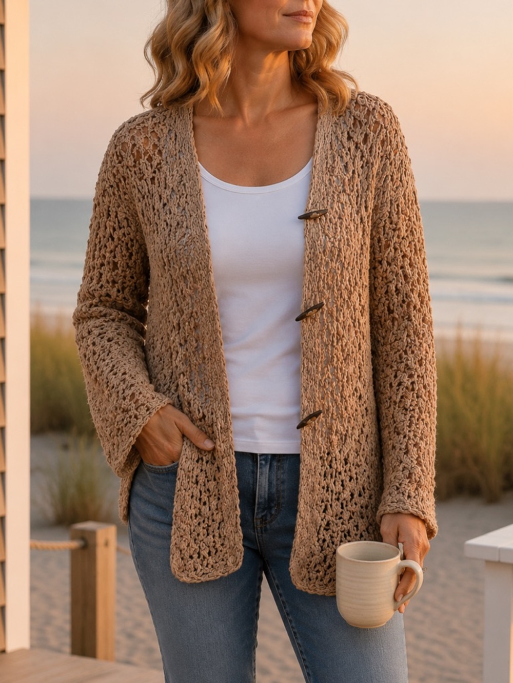 SIGRID OLSEN Hand Knit Silk Blend Cardigan Coastal Tan Neutral M